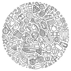 一组体育漫画标语符号和物品圆形构成图片
