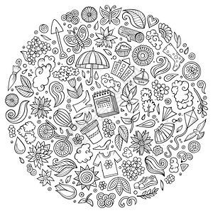 画线矢量手工绘制的一套Spring漫画涂鸦对象符号和物品圆形构成涂鸦对象的矢量组图片