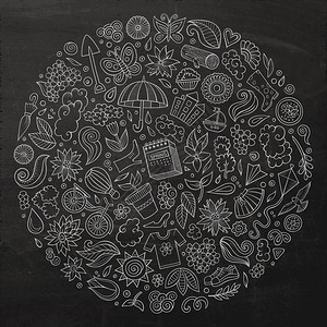 粉笔板矢量手工绘制的一套Spring漫画涂鸦对象符号和物品圆形构成涂鸦对象的矢量组图片