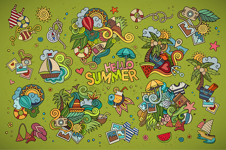 夏季和假期用手绘制的矢量符号和物体图片