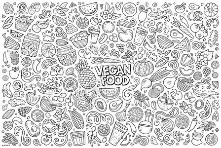 多彩矢量手工绘制的维冈食物品和符号的涂鸦漫画集图片