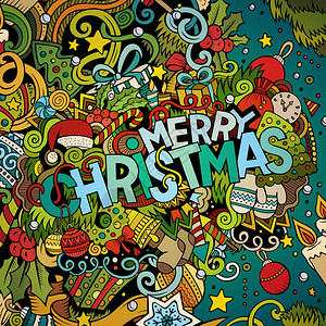 卡通可爱的面条手画圣诞快乐插图片带有新年主题项目Doodle刻画2017色彩繁多的细节有许对象背景有趣的矢量艺术作品卡通可爱的面图片