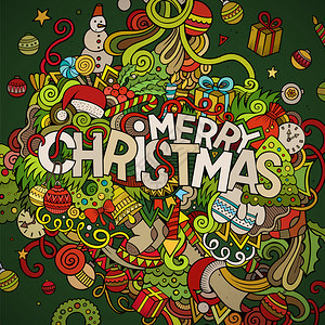 圣诞快乐手写和涂鸦元素背景矢量多彩的插图图片