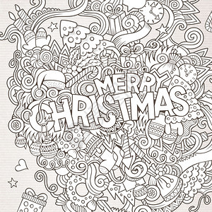 圣诞快乐手写和涂鸦元素背景矢量粗略插图图片