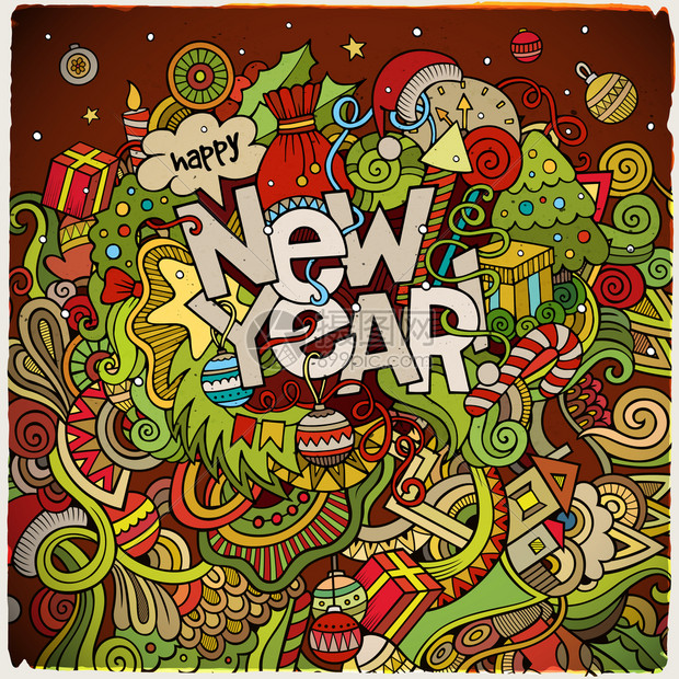 新年手写和涂鸦元素背景矢量多彩插图新年手写和涂鸦元素背景