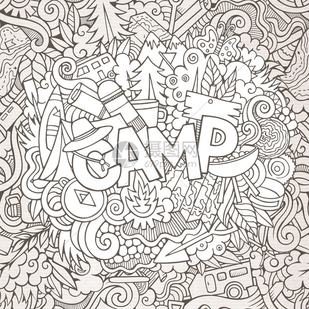 卡通粗略可爱的涂鸦手画图有露营主题物品的线条艺术图片doodle刻画