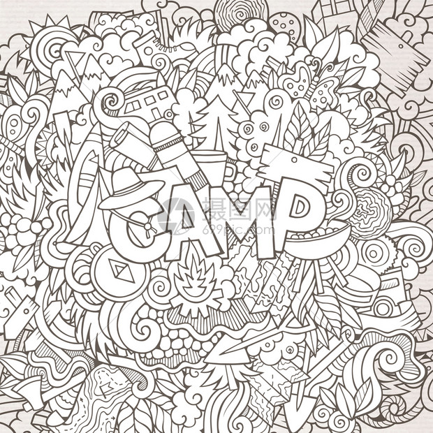 卡通粗略可爱的涂鸦手画图有露营主题物品的线条艺术图片doodle刻画