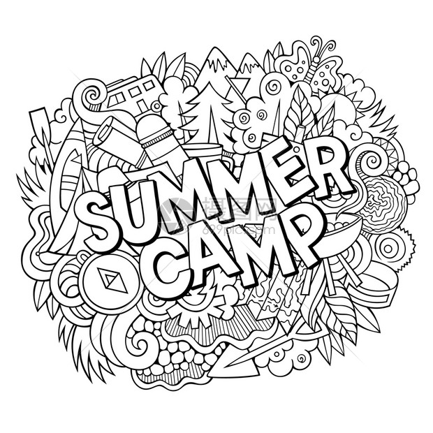 卡通可爱的涂鸦手工画图带有露营主题项目的彩色图片涂鸦刻画夏令营