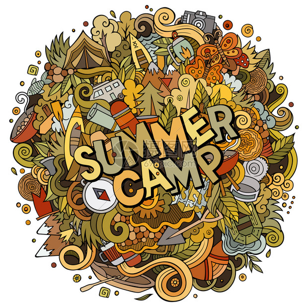 卡通可爱的涂鸦手工画图带有露营主题项目的彩色图片涂鸦刻画夏令营