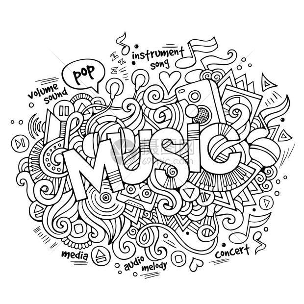 音乐手写字和涂鸦元素及符号背景矢量手绘制草图插音乐手写字母和涂鸦