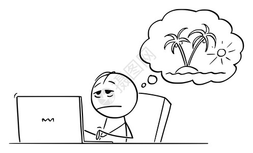 矢量卡通插图绘制疲劳压力过重或度劳累的人商在计算机上工作和梦想在热带岛屿度假的概念说明图片