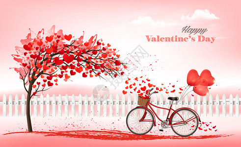 粉红假日情人节和日背景树上有心形叶自行车上有红球矢量图片