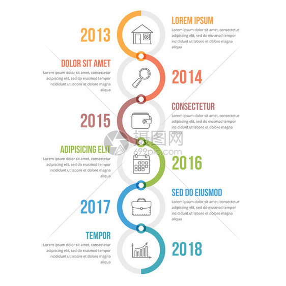 垂直时间线信息图模板带有多色圆圈工作流程或图矢量eps10插图图片
