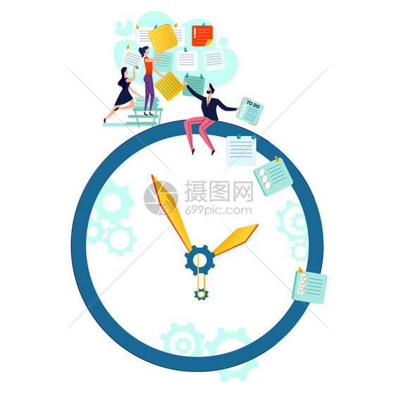 期限时间管理和团队精神业务概念矢量带用具的大型手表和负责做任务卡的工作人员时间管理业务概念矢量图片