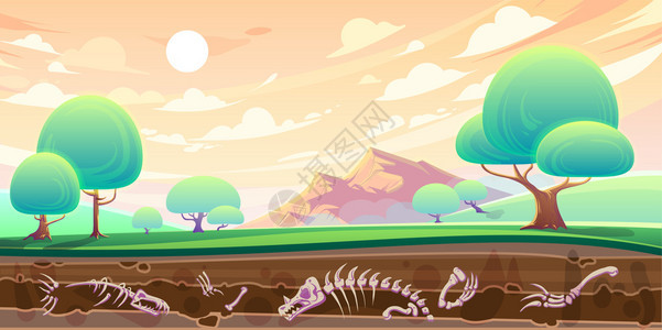 绿色山谷有树木和地下横段有多层土壤和化石古代恐龙的骨架卡通矢量图解图片