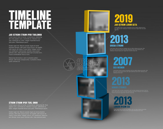 矢量时间表模板由黄色和蓝立方体制成带有照片暗版图片