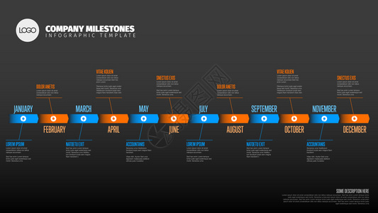 全年时间表模板所有月均在水平时间线上深橙色和蓝版本图片