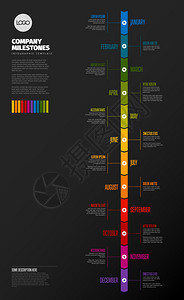 全年时间表模板所有月数都以垂直时间线为黑暗背景版本图片