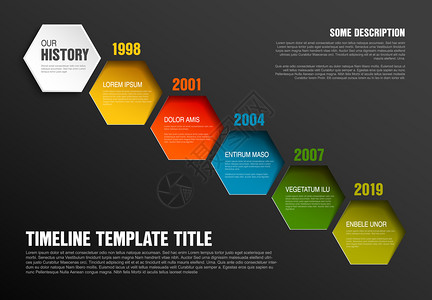 由带有文字内容的彩色六边形制成的矢量信息时间表模板暗版图片