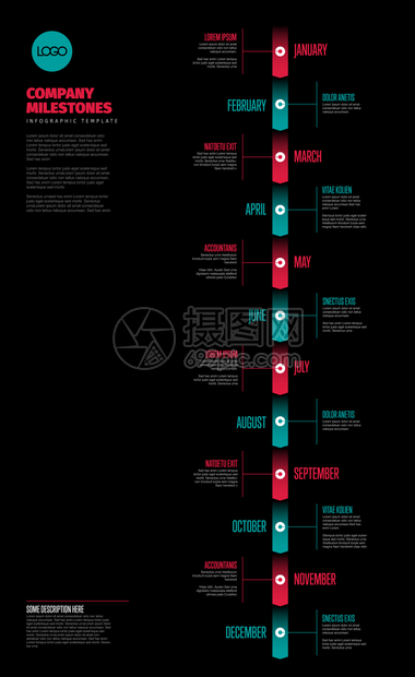 全年时间表模板所有月数都按垂直时间线深红色和短版本图片