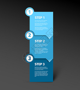 三个方向一二三矢量纸进展步骤块模板带有样本内容和影子蓝色版本带有暗底背景背景
