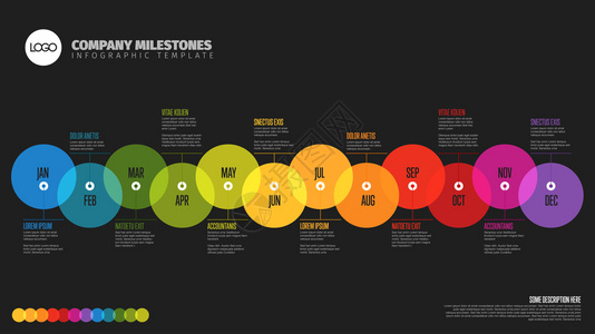 全年时间表模板所有月数都以横向时间线为是一个大重叠圆圈暗版图片