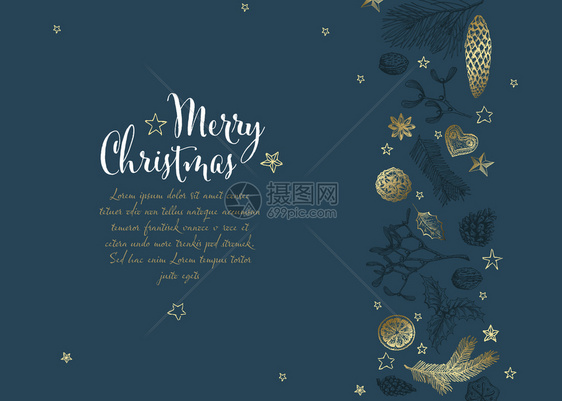 矢量老手画有各种季节形状的圣诞卡姜面包寄生虫锥坚果深蓝色版本图片