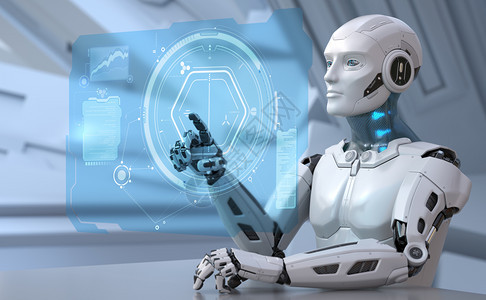 机器人正在使用未来触摸屏3D插图机器人正在使用未来触摸屏图片