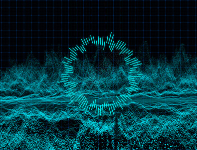带有移动循环纹理颗粒的黑暗背景摘要移动图形滚珠点的反向动画无缝Digital蓝色绿音频波光DynamicMesh表面插图图片