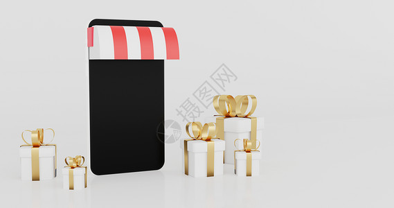 3D黑色智能手机屏幕和红白色礼品盒金丝带图片