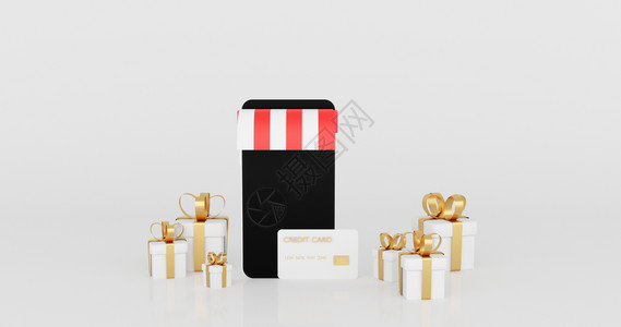 3D黑色智能手机屏幕和白色礼品盒金丝带创意购物在线概念商业最低现代模拟广告和横幅信用卡支付商店插图图片