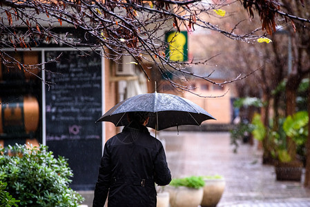 在雨天走来去用雨伞遮盖着自己从恶劣的天气图片