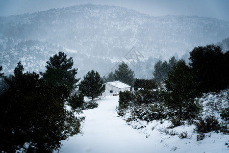 山下暴雪农村住宅与山区隔绝图片