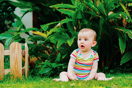婴儿坐在草地上图片
