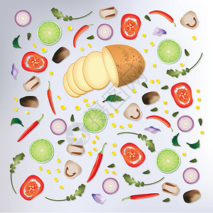 多种不同的原始食物形态背景矢量插图图片