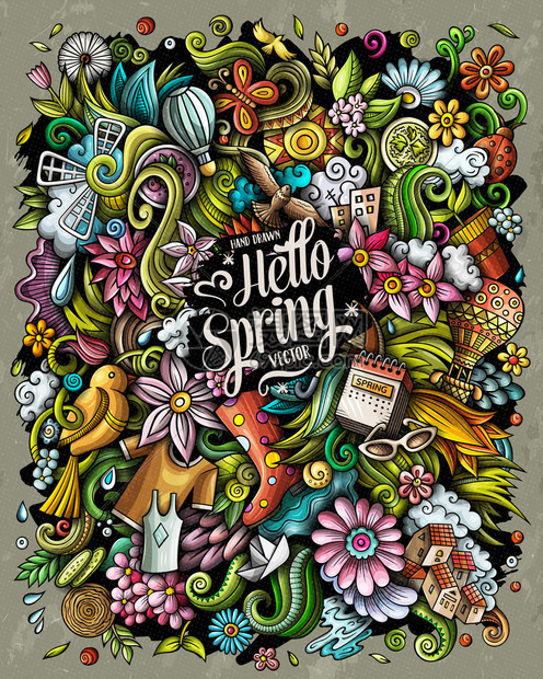春季手画矢量图解自然海报设计季节元素和对象卡通背景明亮的颜色滑稽图片自然海报设计图片