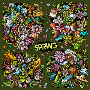 色彩多的矢量手画涂鸦漫集由对象和元素的春季组合成所有项目都是分开的由对象和元素的春季组合成图片
