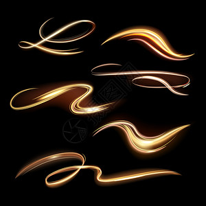 螺旋闪光通道能量金火焰亮透明通道螺旋光效应波和美丽的光路径矢量说明设置为孤立的充满活力的魔法动黄色尾巴能量金火焰螺旋光效应波和美图片
