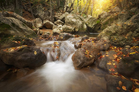 秋天风景自然的构成瀑布河流进入峡谷图片
