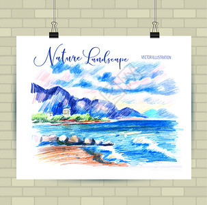 手绘水彩风格美丽海边景观海报插画图片