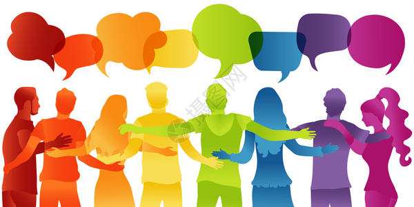 族裔对话和友谊圈交流演讲讨论人群对话社会网络区声音泡彩虹颜色插画
