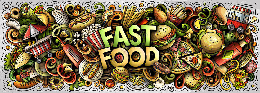 fastfoodhand绘制了卡通doodles插图快速食品有趣的物件和元素海报设计创意艺术背景多彩矢量横幅Fastfood图片