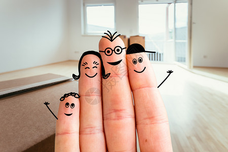 卡通社畜妈妈画的手指幸福家庭的概念进入新家背景