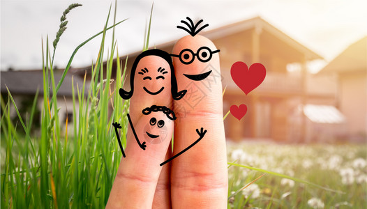 笑   卡通画的手指幸福家庭的概念进入新家背景