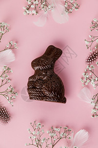 巧克力复活节兔子羽毛和花粉色面背景复活节快乐概念文字空间图片