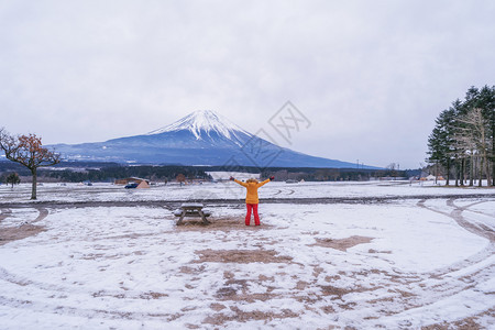 富士山冬季在亚马纳什藤川口子附近Fushimotopppara露营场有干树和雪日本五湖图片