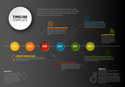 具有水平线和各种描述的矢量信息时间表模板暗版背景图片