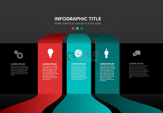 由三个彩色内容区块组成的矢量多用途Infographic模板深色Teal红色版本带有照片的时间线模板图片