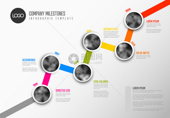 在彩色对角线上带有圆形照片占位符的时线模板图片