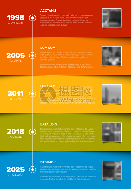 带有彩色水平条纹上照片占位的时线模板带有彩色区块和照片占位板的时线模图片